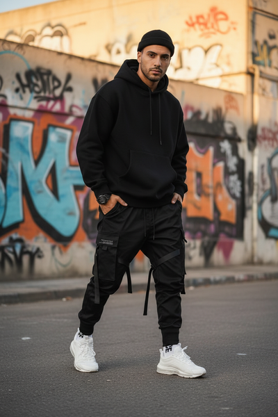 Men's Streetwear Harem Jogger Cargo Pants – Hip Hop Track Pants with Ribbon Detail & Cargo Pockets