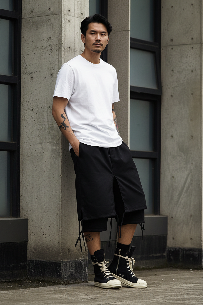 South Asian man wearing splicing cropped pants leaning against modern building
