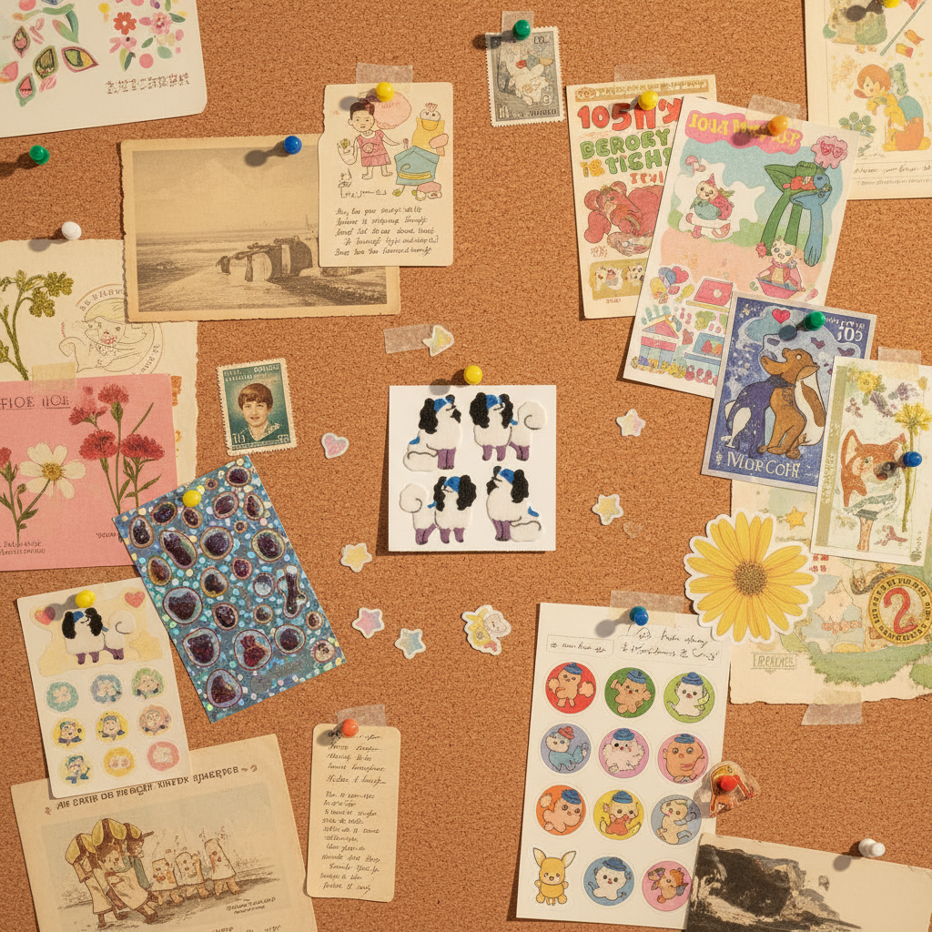 Vintage Flocked Poodle Sticker Sheet No. 2 — corkboard display