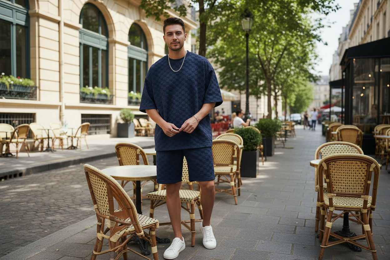 Men's jacquard plaid shorts two-piece set urban lifestyle editorial