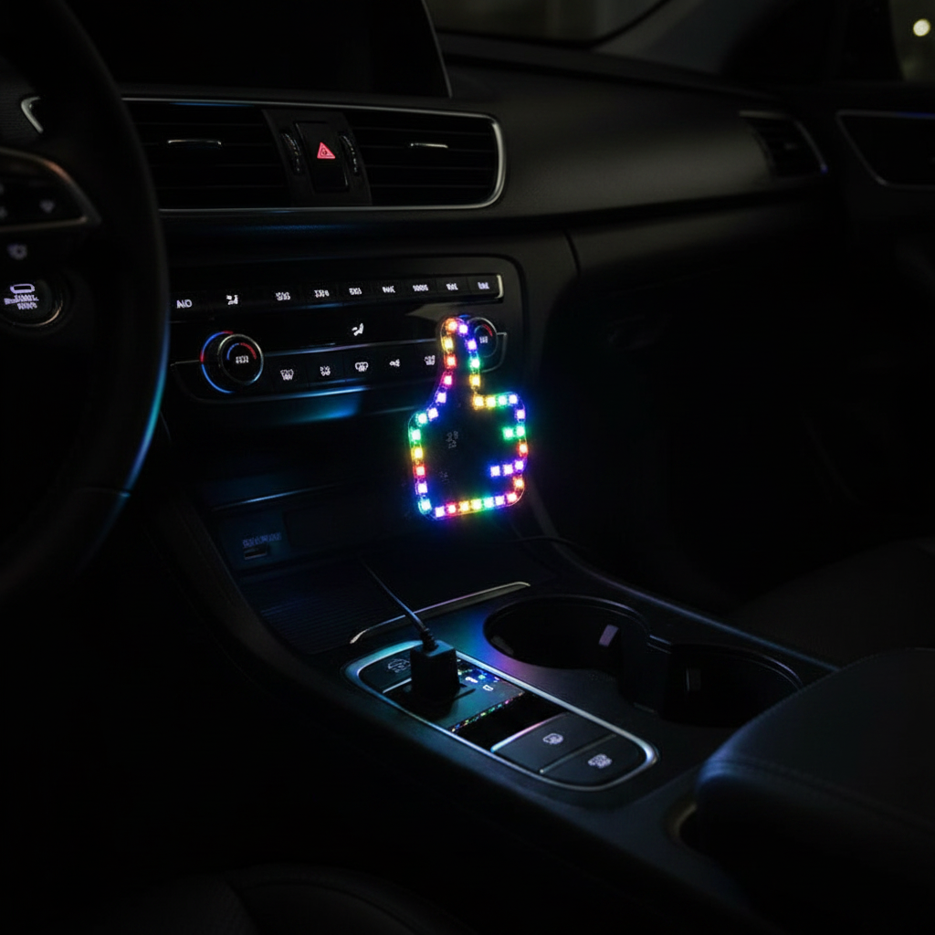 Close-up of USB finger gesture LED light plugged into car dashboard USB port glowing RGB