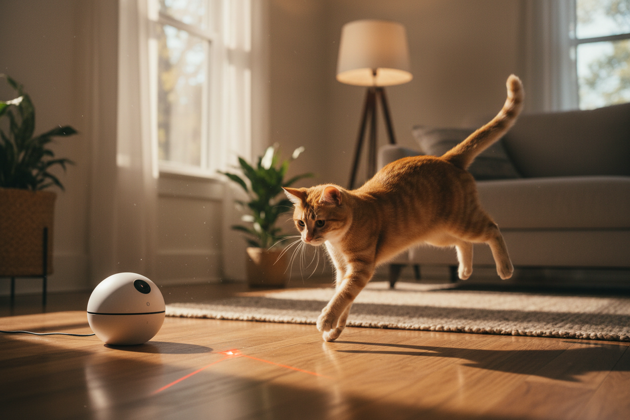 Playful cat chasing red laser dot from smart automatic laser teaser toy