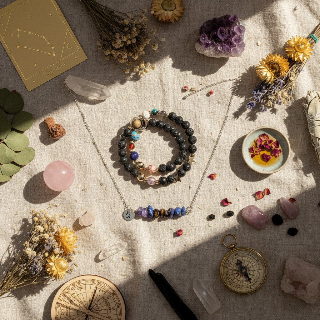Natural stone zodiac jewelry flat lay with crystals and dried flowers
