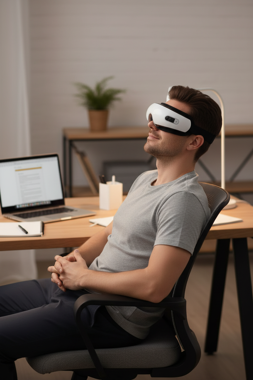 Man wearing smart eye massager at desk after work from home session