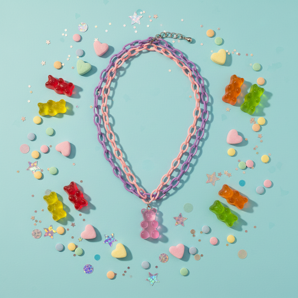 Gummy Bear Double-Layer Necklace kawaii flat lay on baby blue background with gummy bears, heart candy, and glitter