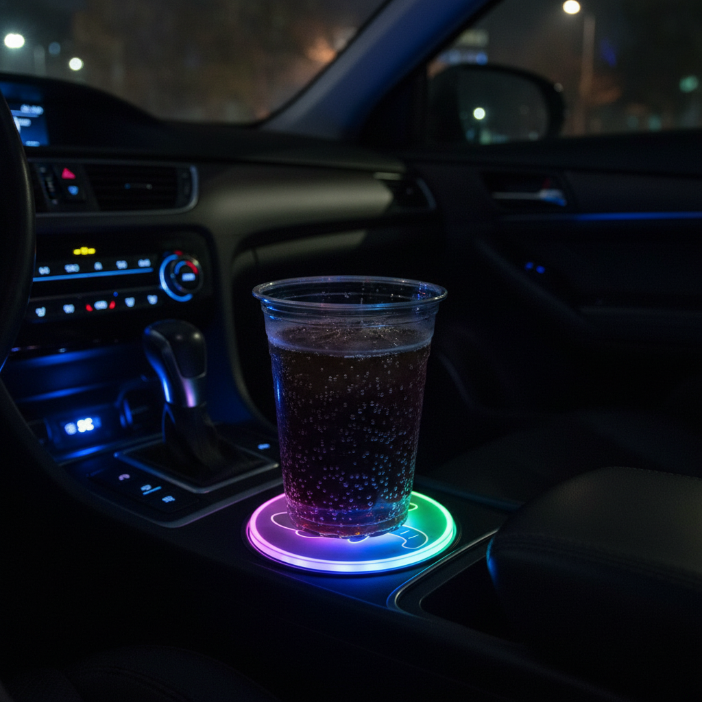 Close-up of LED RGB car cup holder coaster with drink glowing in moody car interior