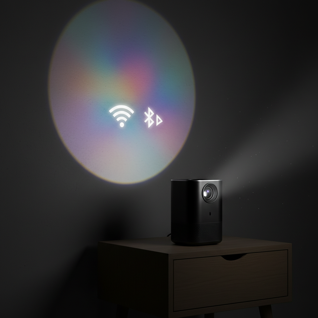 Compact mini projector on nightstand projecting vivid image on wall