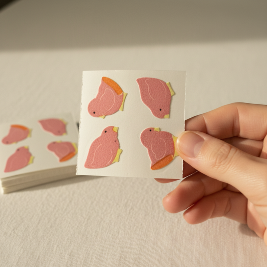 Woman's hand holding vintage Great Seven fuzzy flocked chicks sticker sheet