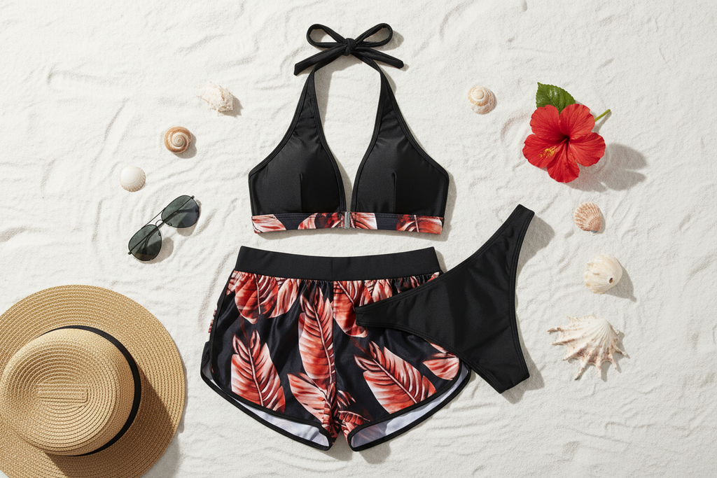 Flat lay of leaf print 3-piece bikini set with tropical beach accessories on white sand