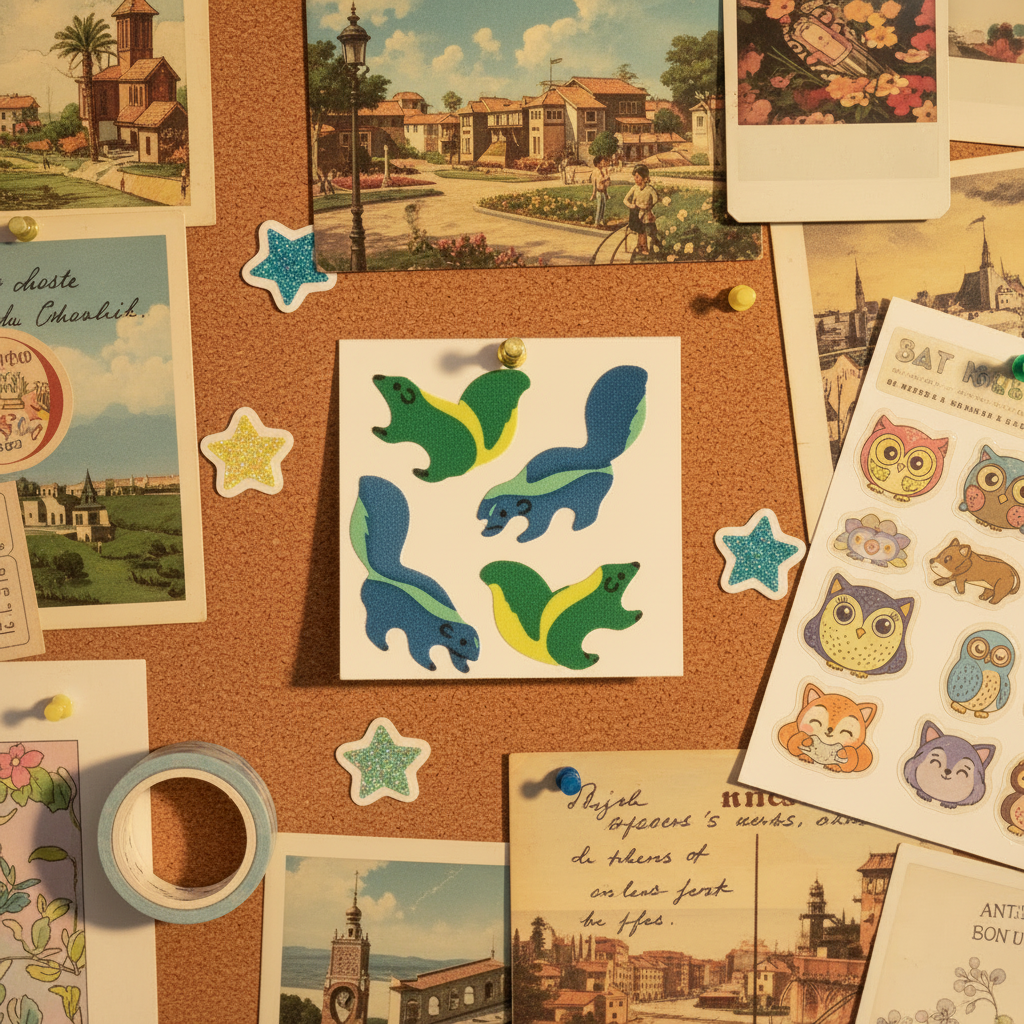 Vintage Great Seven Fuzzy Flocked Skunk Sticker Sheet — corkboard display
