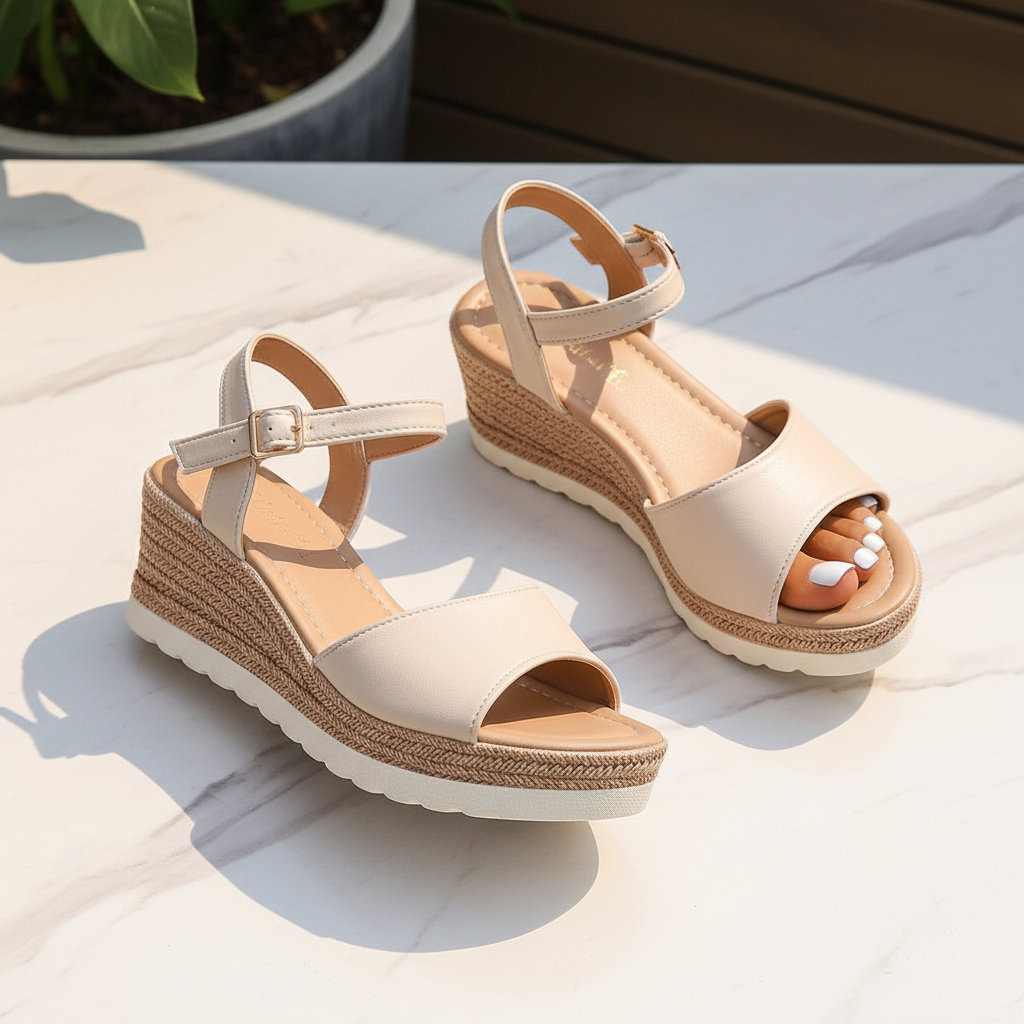 Women's Ankle Buckle Wedge Platform Sandals – Beige & Black