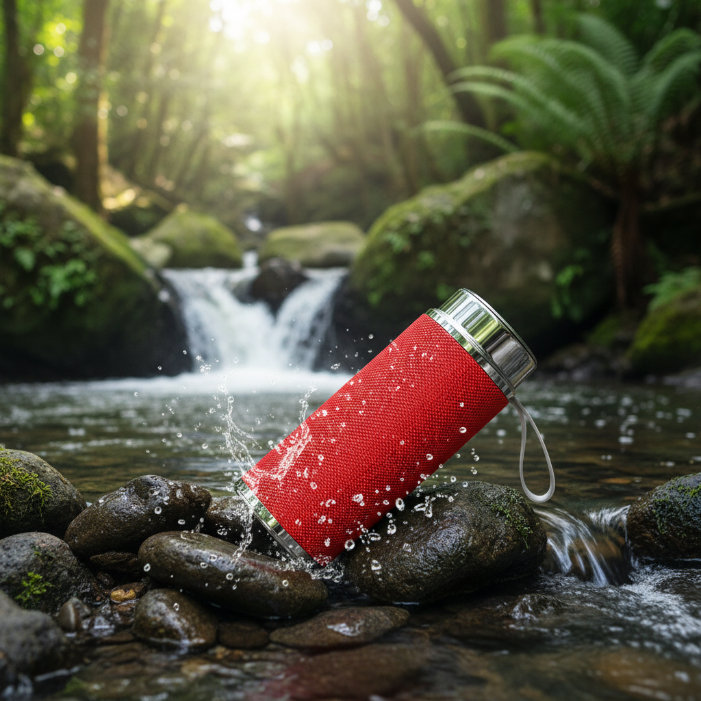 Bluetooth Water Bottle Speaker outdoors near waterfall – waterproof portable wireless audio
