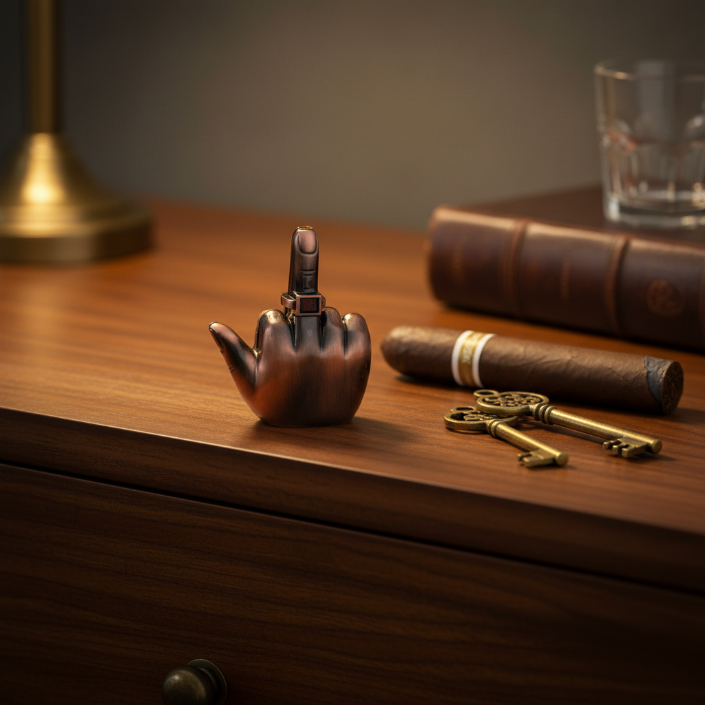 Metal finger lighter resting on wooden dresser next to cigar and keys