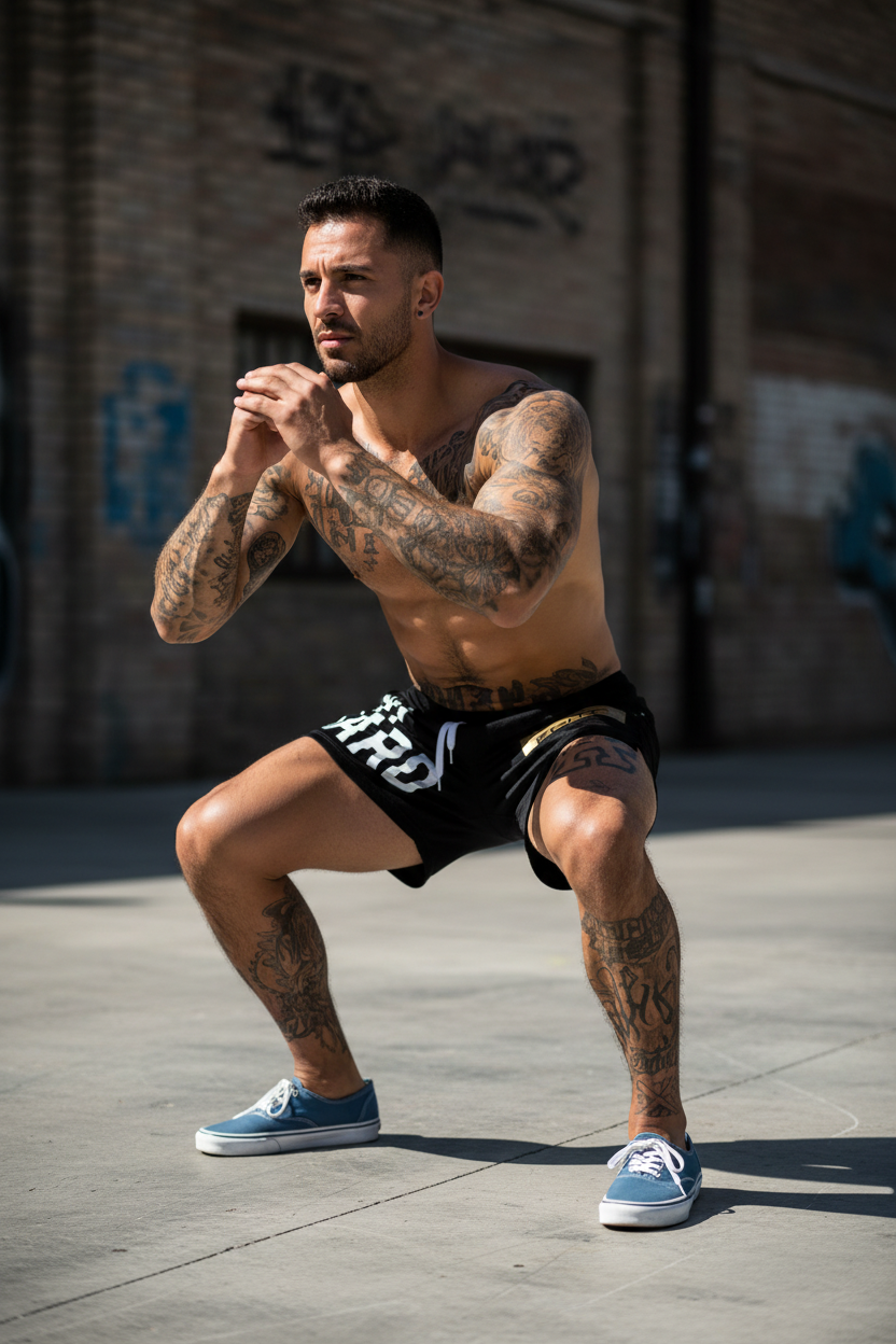 Fit man wearing quick dry boxing squat shorts in gym setting