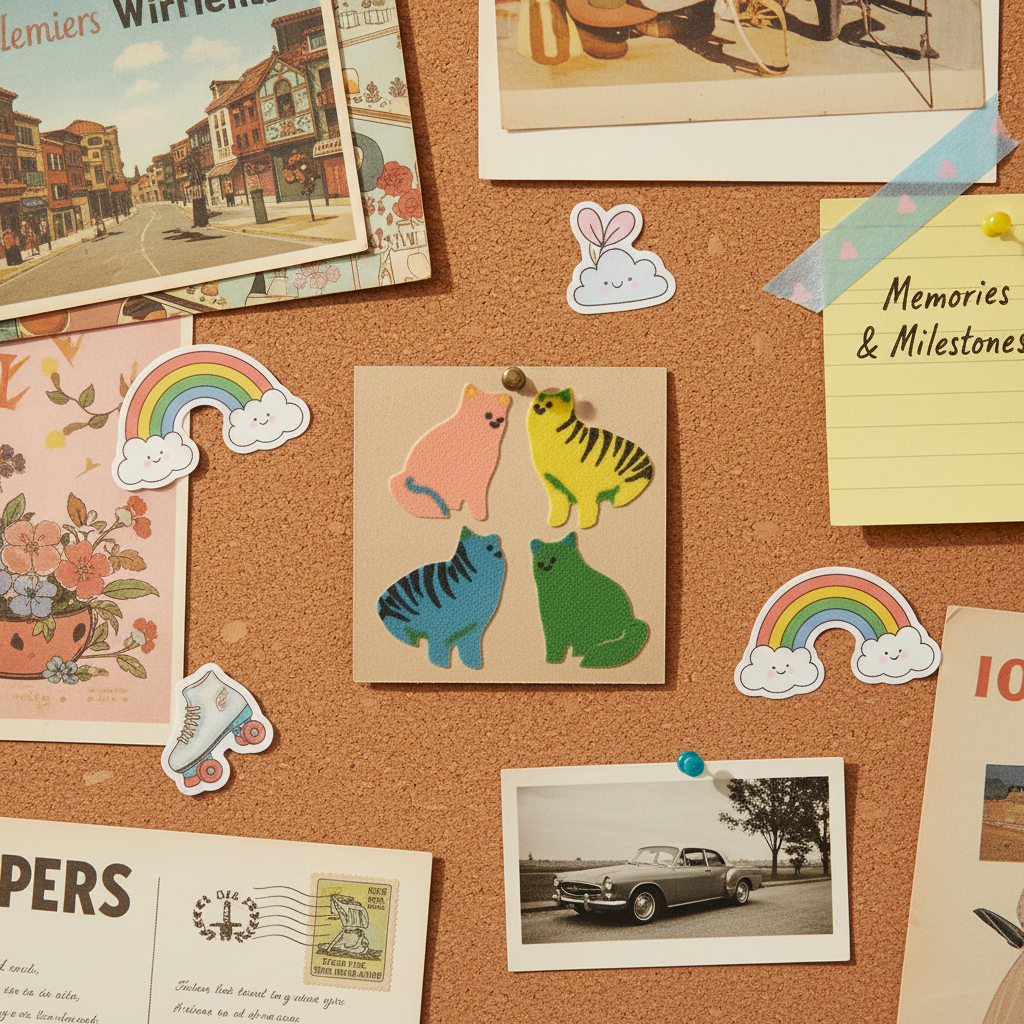Vintage Great Seven Fuzzy Flocked Cat Sticker Sheet No. 2 — corkboard display