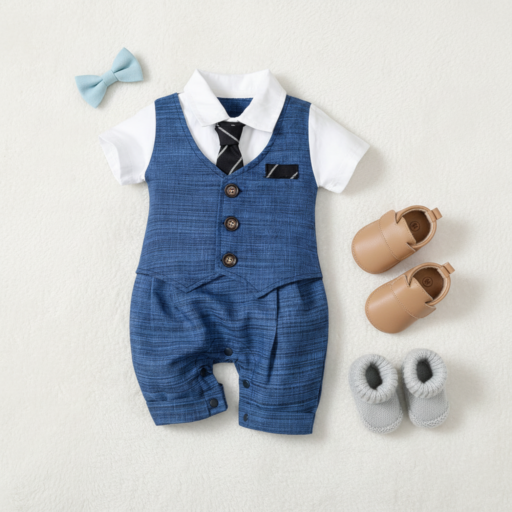 Flat lay of baby boy gentleman romper with bow tie and tiny shoes