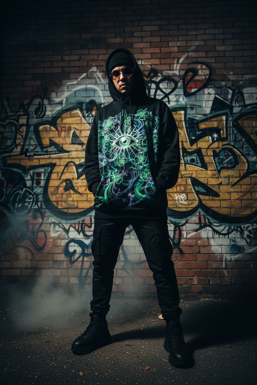 Person wearing black psychedelic smoke hoodie against urban graffiti wall