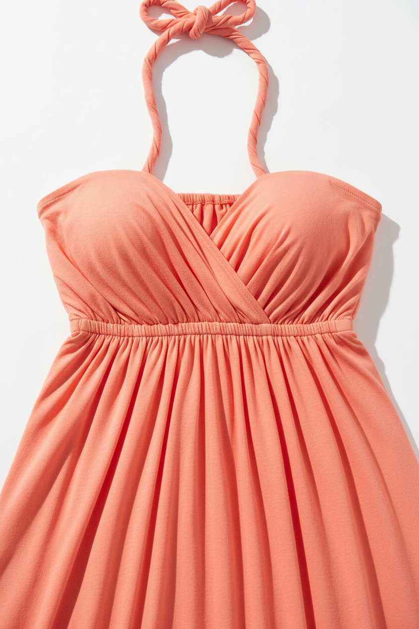 Close-up of solid color halter strapless pleated dress fabric and drape