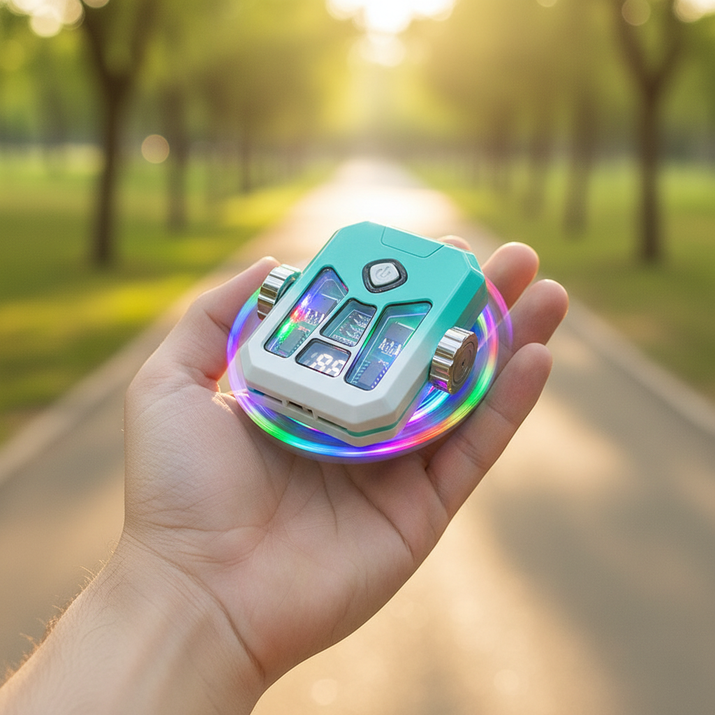 Transparent body fidget spinner gyro lighter held in open palm outdoors in natural sunlight