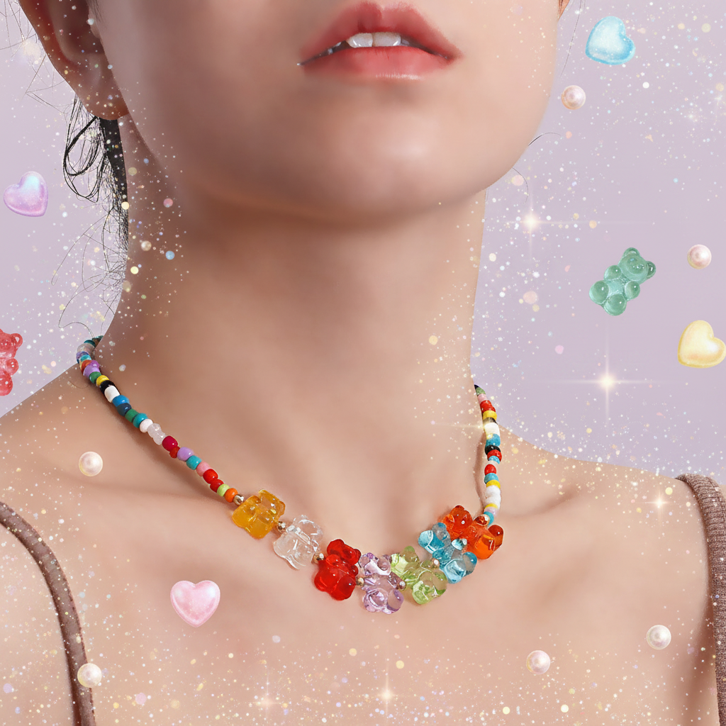 Bohemian Pearl Gummy Bear Necklace worn by stylish person, lavender pastel background with pearls, gummy bears and glitter