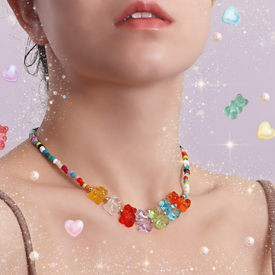 Y2K Boho Pearl Gummy Bear Necklace – Vintage Candy-Core Statement Jewelry