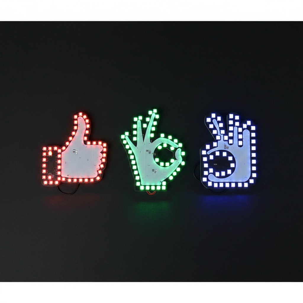 All 3 finger gesture LED light designs flat lay — thumbs up, OK, scissors glowing in RGB
