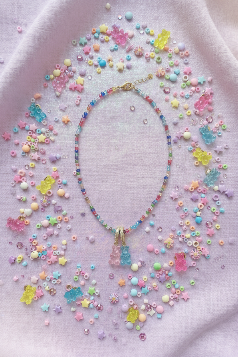 Y2K Candy-Core Rhinestone Jelly Bear Beaded Necklace flat lay