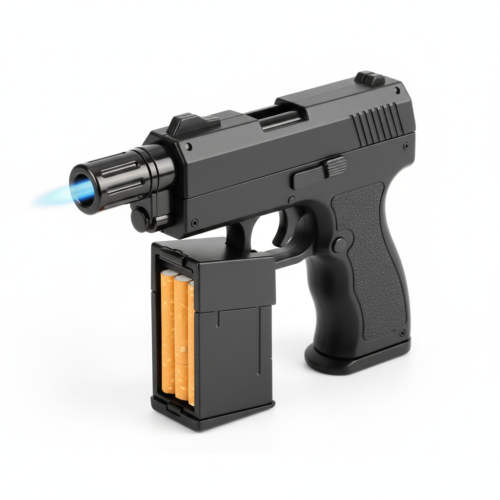 Novelty toy gun shaped lighter in premium business black with removable magazine cigarette holder