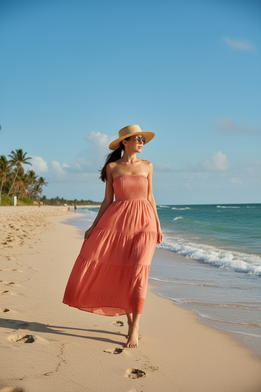 Woman wearing halter chiffon pleated sundress on sunny beach