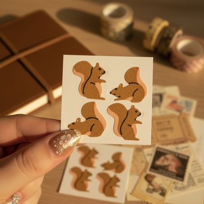 Vintage 1980s Great Seven Fuzzy Flocked Squirrel Sticker Sheet - NOS Collectible