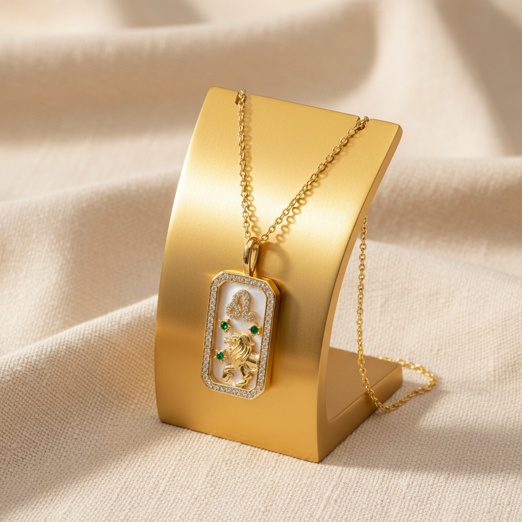 Leo Zodiac Diamond Pendant Necklace – Gold Stand Linen Display