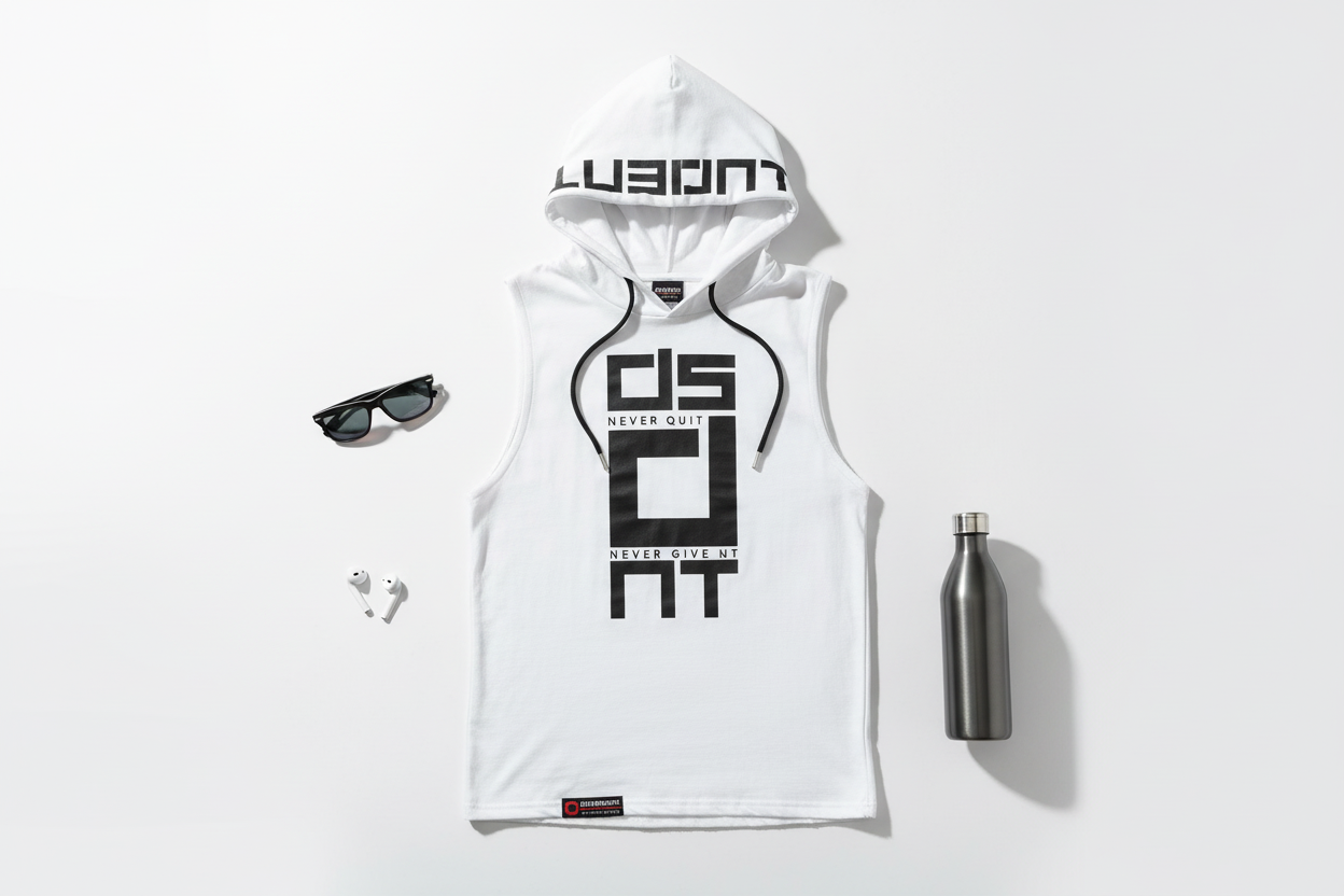Flat lay of men's sleeveless hoodie vest with summer accessories on white background