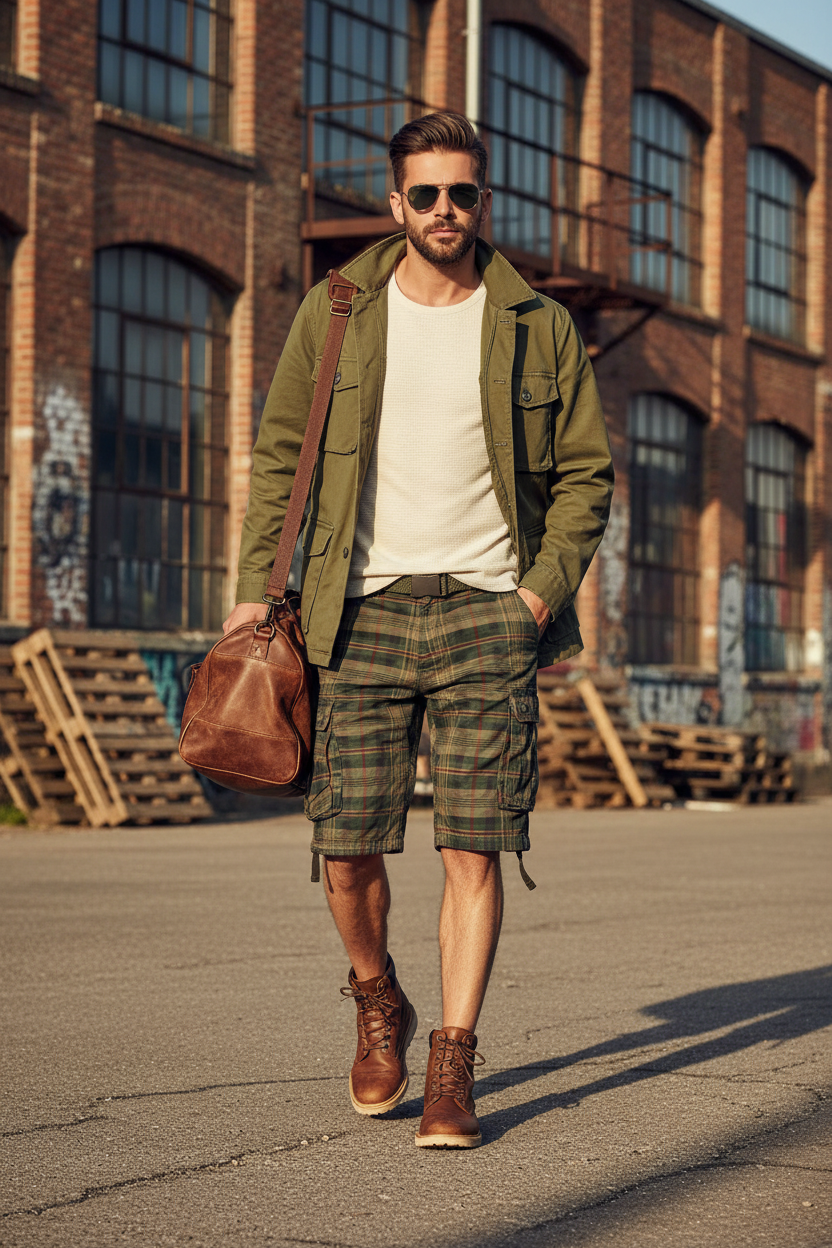 Man wearing workwear shorts walking through industrial urban district