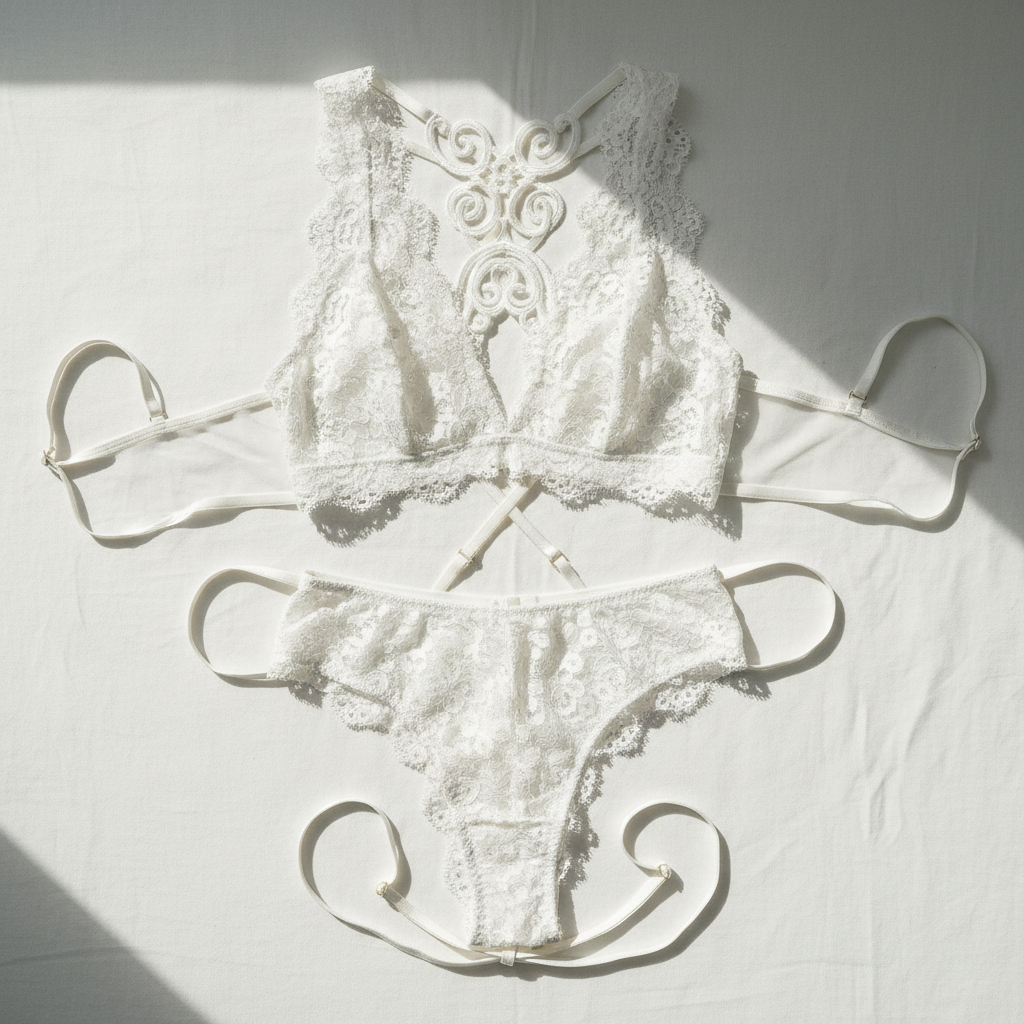 Flat lay of summer lace backless lingerie set on white surface