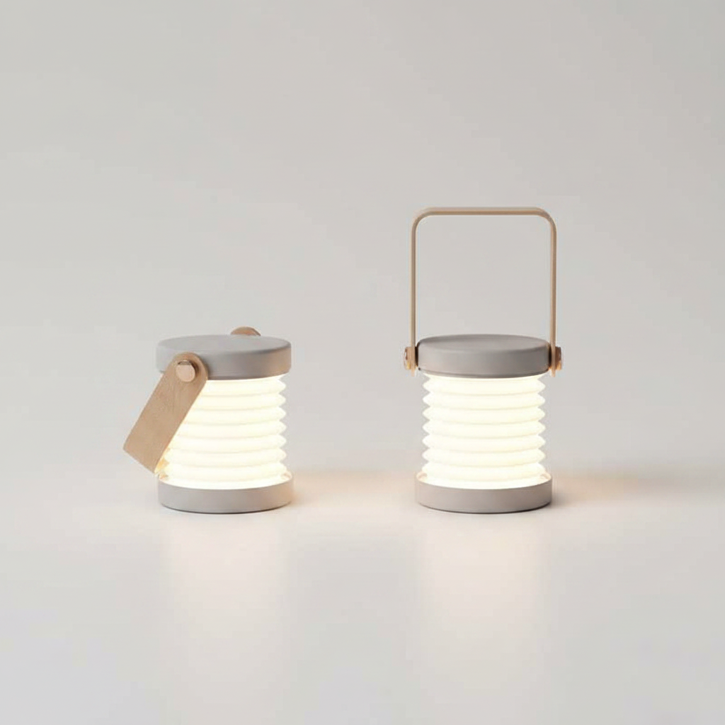 Foldable LED night light shown in both table lamp and lantern mode flat lay on white surface