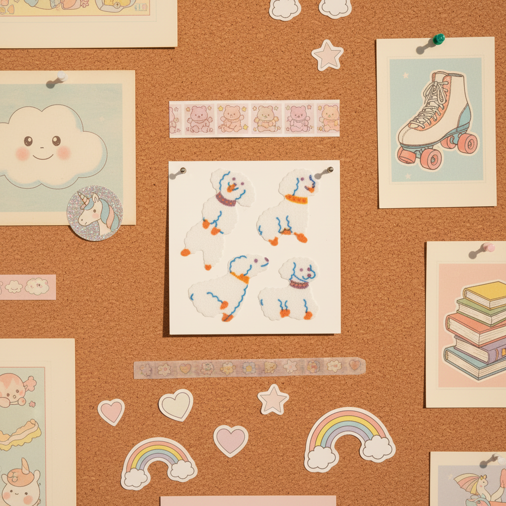 Vintage Great Seven Fuzzy Flocked Poodle Sticker Sheet — corkboard display