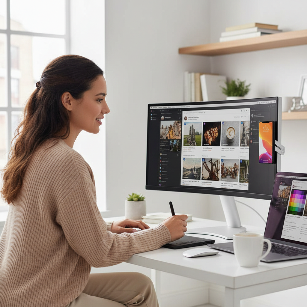 Content creator using magnetic phone holder on monitor showing video call in modern workspace