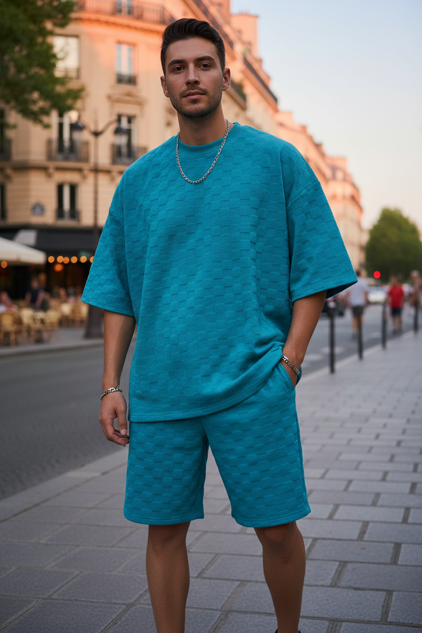 Men's jacquard plaid shorts two-piece set golden hour city lifestyle