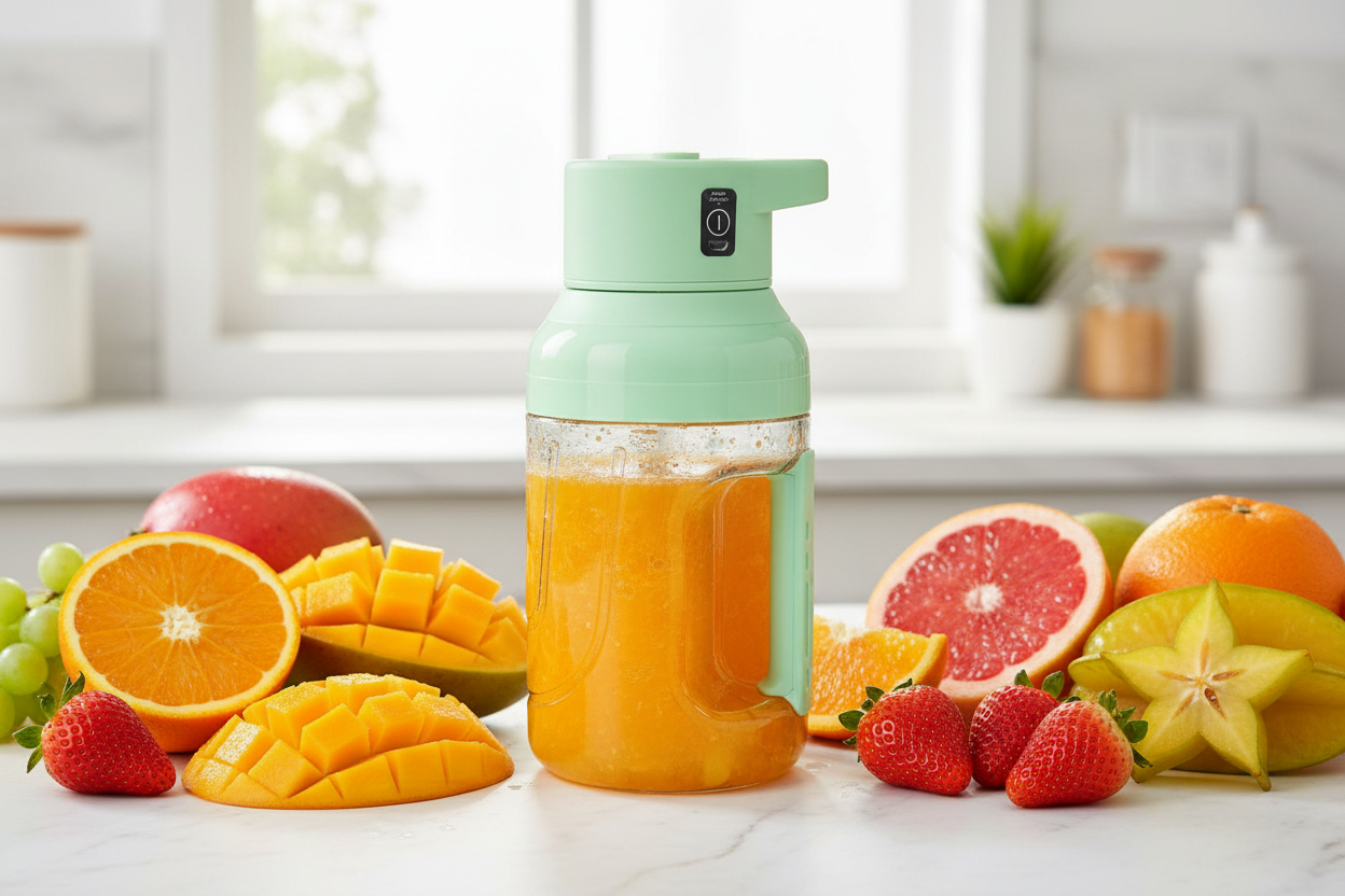 Portable blender with fresh orange juice on marble countertop surrounded by fruits