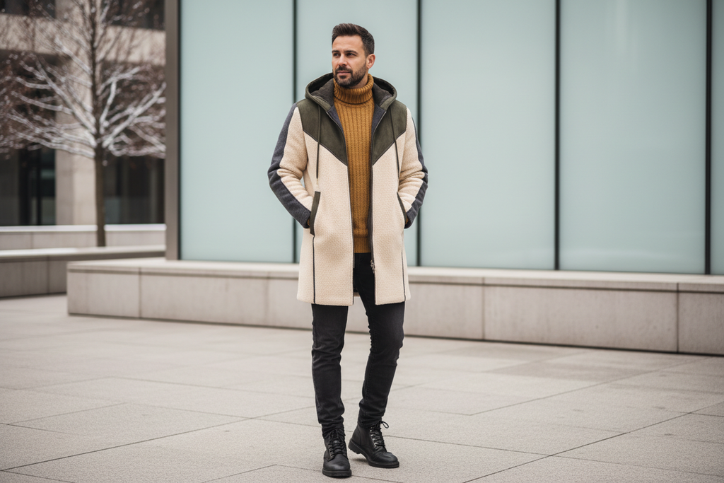 Men's lamb wool hooded zip sweatshirt patchwork casual coat