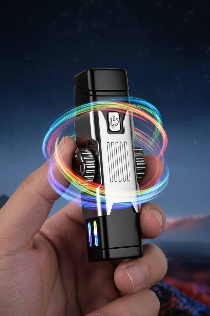 Silver fingertip gyro lighter held between fingers LED light trails dark background