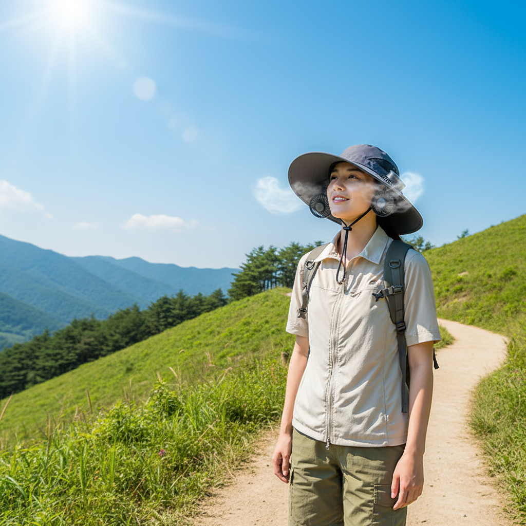 Person wearing solar-powered fan hat outdoors hiking