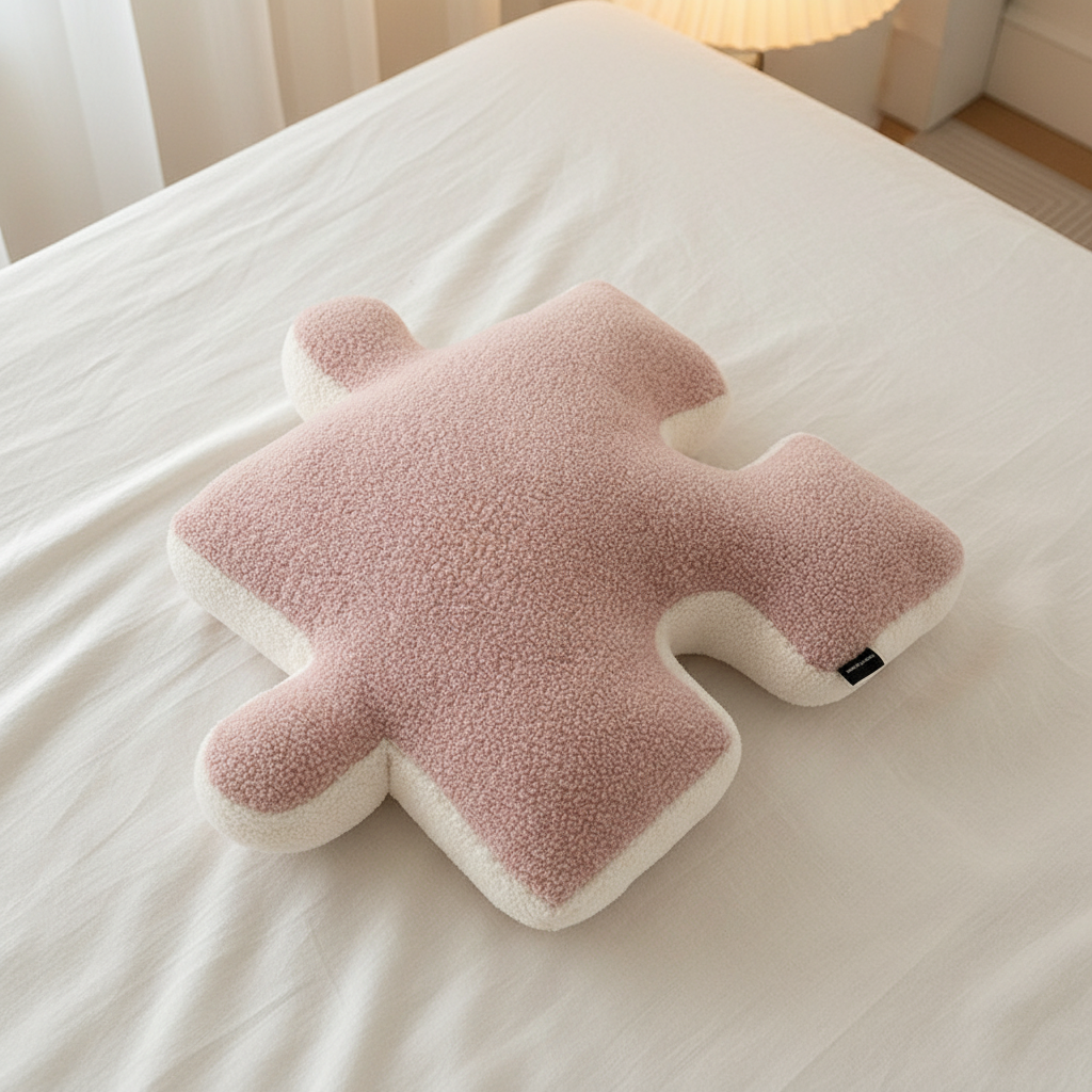 Pink puzzle shaped plush pillow close-up on white bed linen