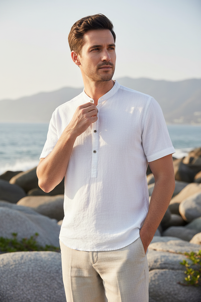 Men's Stand Collar Japanese Ice Silk Linen T-Shirt - Cool & Stylish Summer Essential