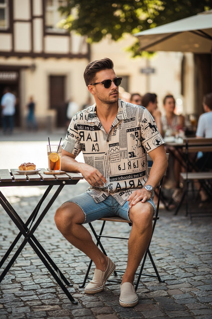 Men's Retro Newspaper Print Hawaiian Shirt – Lightweight Summer Tee for Beach & Vacation