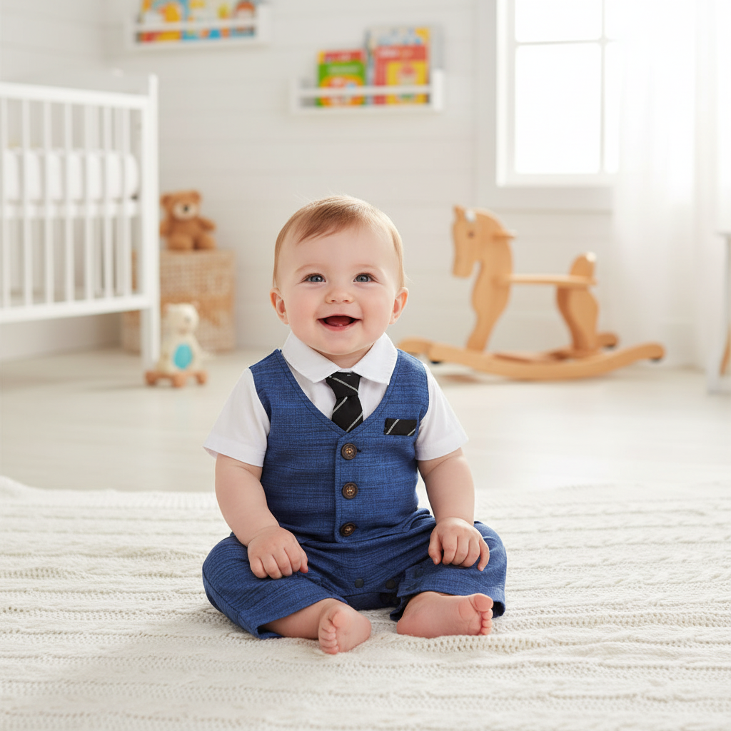 Adorable baby boy in gentleman romper with bow tie sitting on blanket in nursery