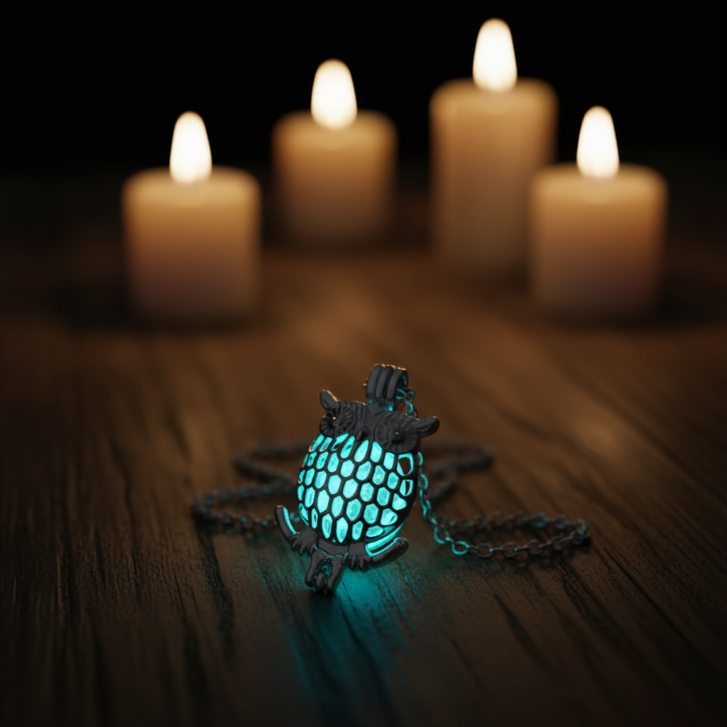 Glow-in-the-Dark Owl Necklace – Moody Glow on Wood