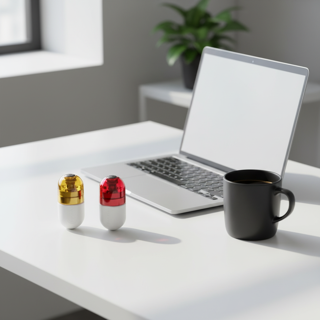 Magnetic capsule EDC suspension toy on minimalist white desk next to laptop and coffee mug