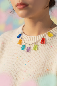 Kawaii Candy Color Bear Necklace – Resin Cartoon Pendant for Women