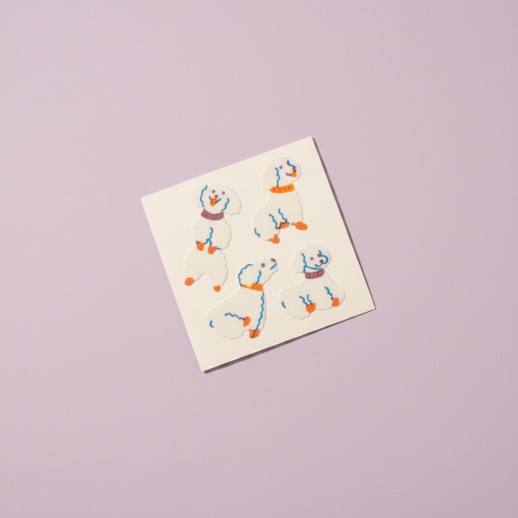 Vintage Great Seven Fuzzy Flocked Poodle Sticker Sheet — overhead minimal